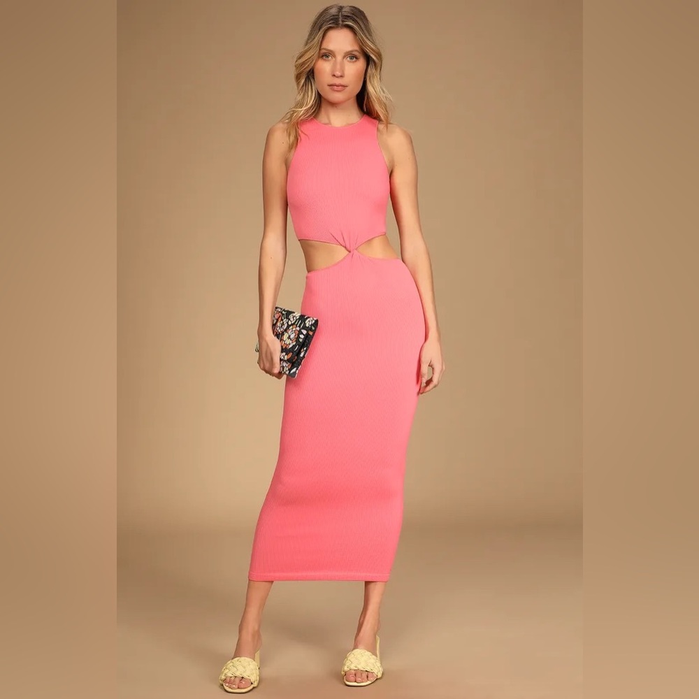 Lulus Everything Chic Coral Cutout Sleeveless Bodycon Midi Dress NWT